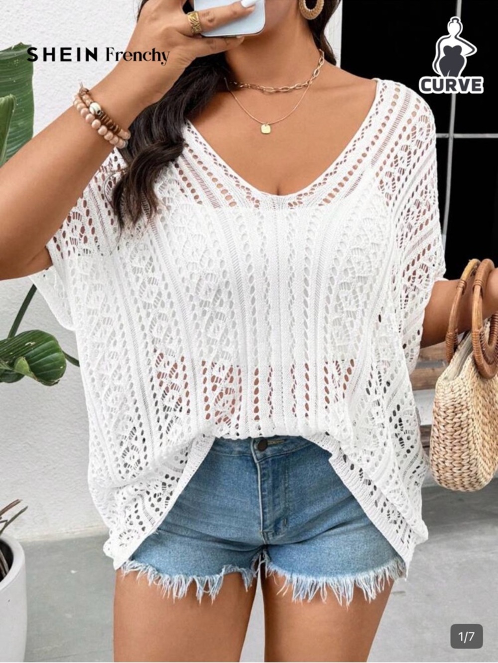 SHEIN White Crochet V-Neck Knit pull over Top